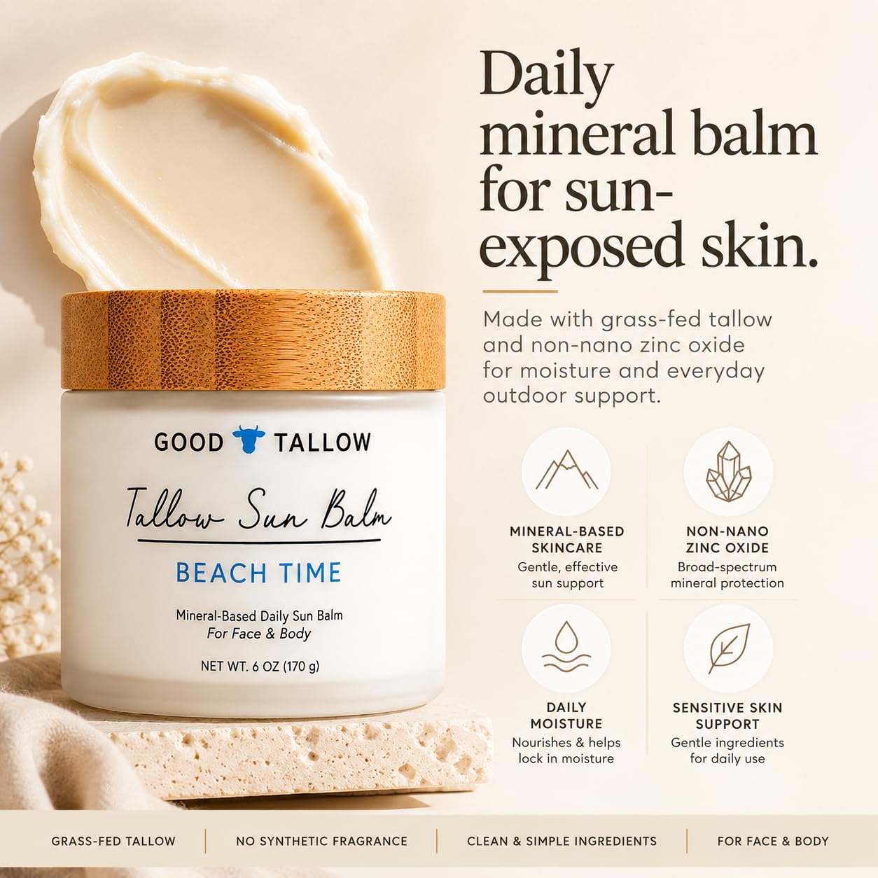 Mineral Tallow Sun Balm for Sun-Exposed Skin – Non-Nano Zinc Oxide with Grass-Fed Tallow – Daily Moisture Barrier Support – 6 oz