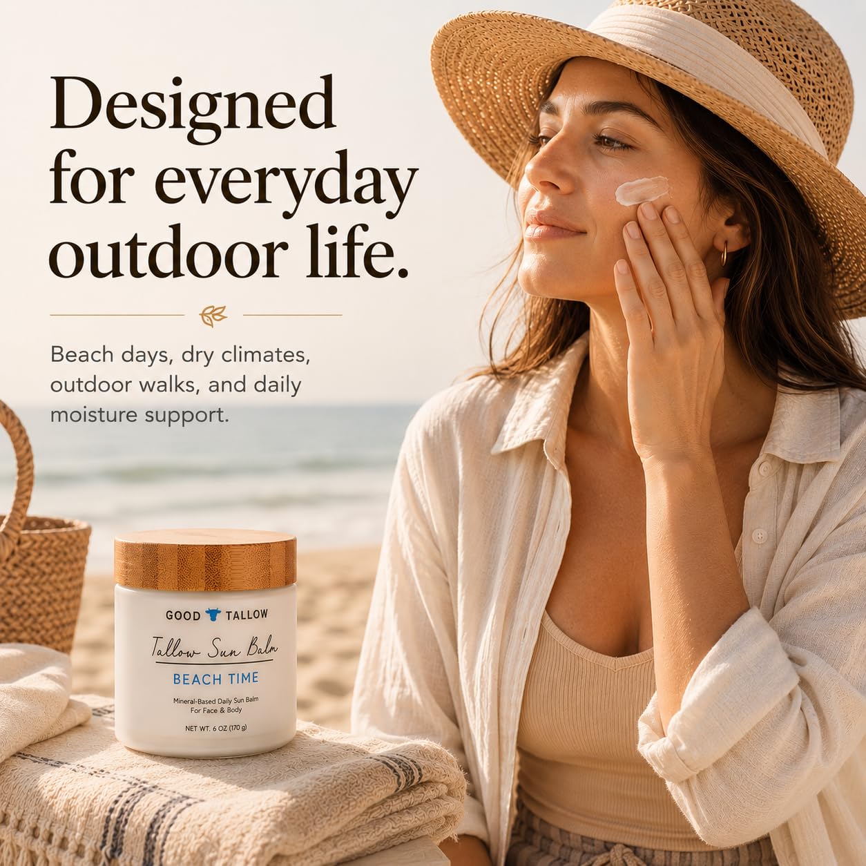 Mineral Tallow Sun Balm for Sun-Exposed Skin – Non-Nano Zinc Oxide with Grass-Fed Tallow – Daily Moisture Barrier Support – 6 oz